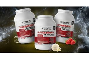 Three Ultimate Nutrition protein powder containers displayed against a dark storm themed background with lightning effects showing ISO Protein 90 Advanced High Protein and Metressyn RX with vanilla ice cream and strawberries placed in front to represent f