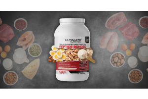 ultimate nutrition 90 plus advanced high protein peptide bonded powder with high protein foods eggs chicken fish nuts seeds and milk arranged around the product
