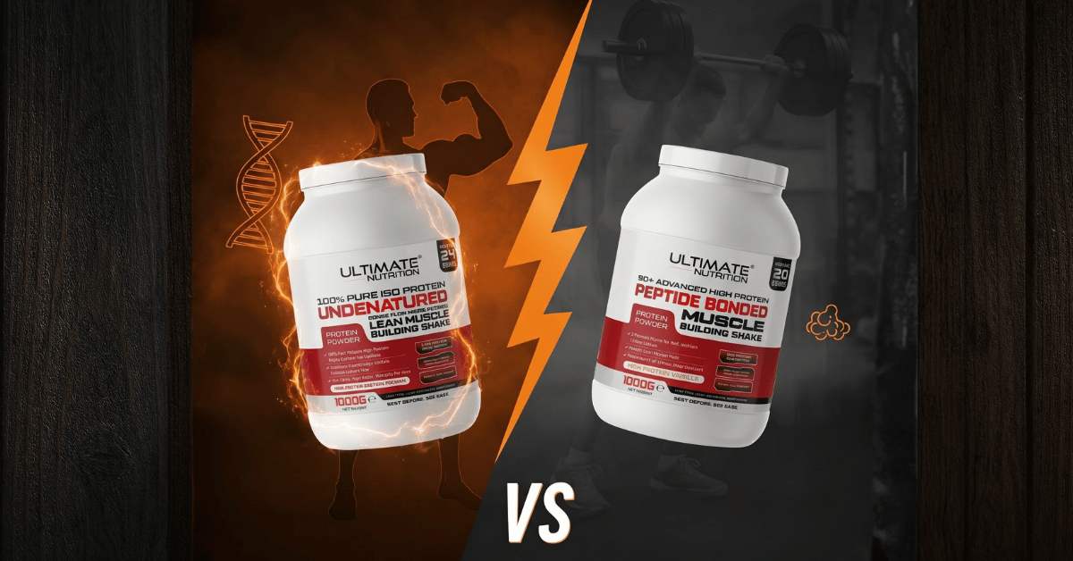 Side by side comparison of two Ultimate Nutrition protein powders showing ISO Protein on the left with an orange background and flexing silhouette, and 50 Advanced High Protein on the right with a darker gym background and a person lifting weights, divide