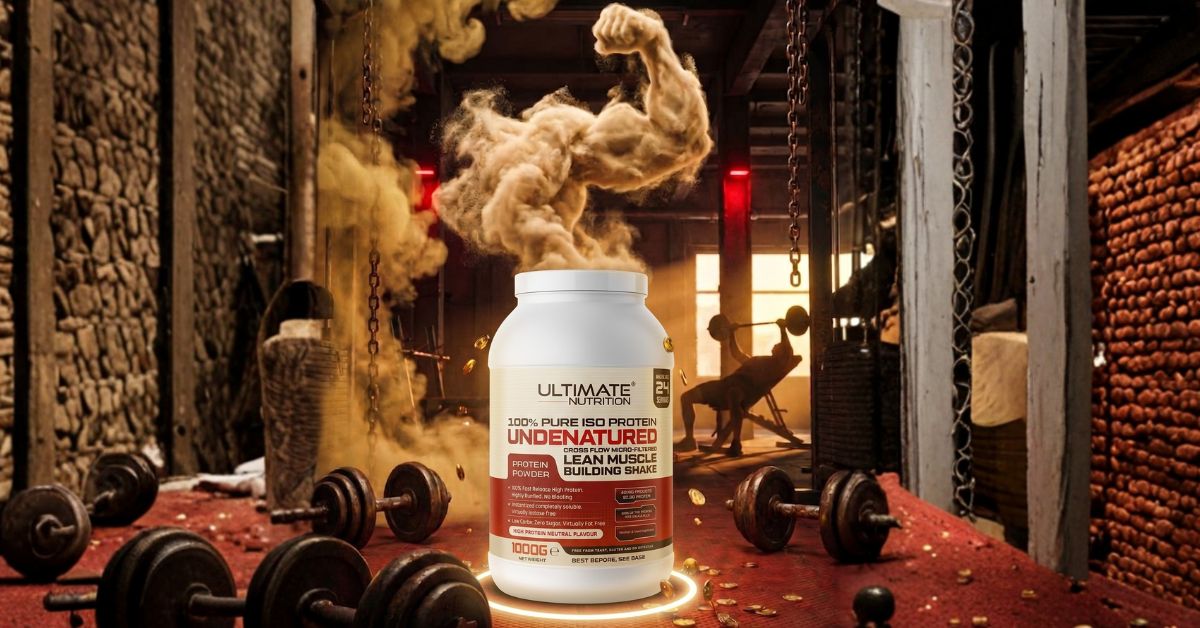 Container of Ultimate Nutrition 100 Percent Pure ISO Protein placed on a gym floor with weights in the background and a dramatic cloud of powder rising from the open container while a person lifts weights on a bench behind it