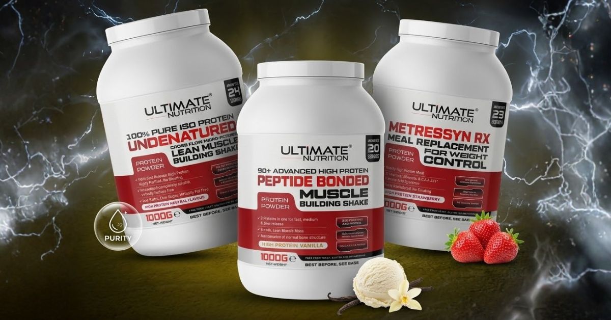 Three Ultimate Nutrition protein powder containers displayed against a dark storm themed background with lightning effects showing ISO Protein 90 Advanced High Protein and Metressyn RX with vanilla ice cream and strawberries placed in front to represent f